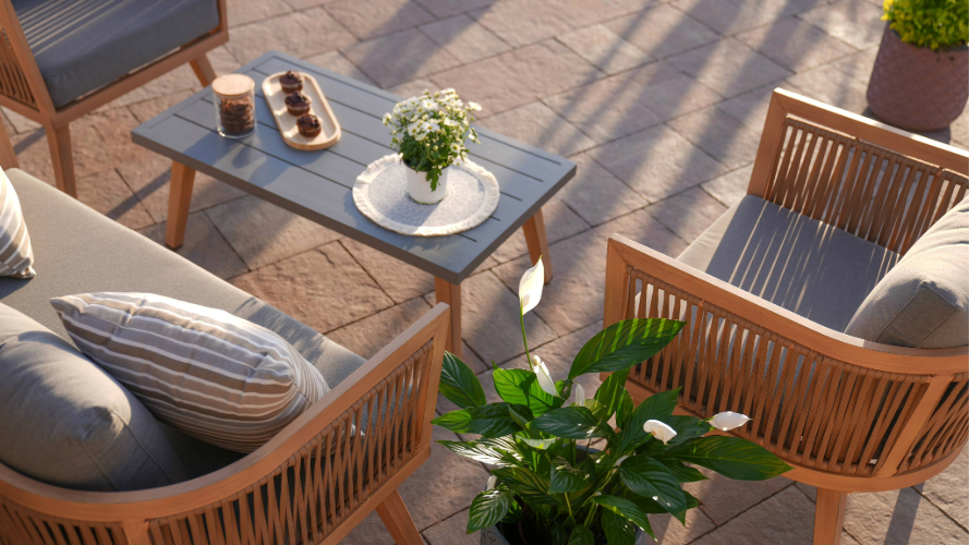 Outdoor furniture patio set at sunset