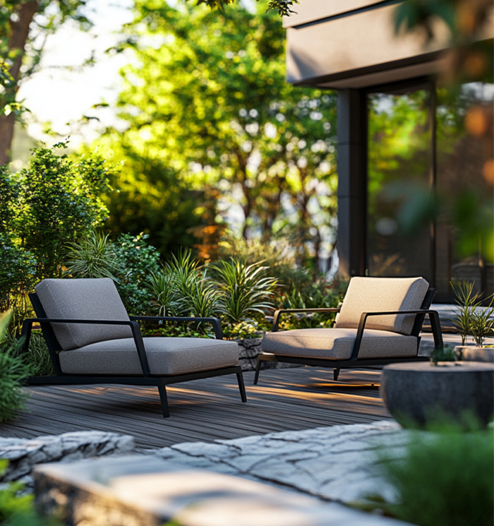 Modern Outdoor Lounge Chairs On Wooden Patio With Garden Landscaping